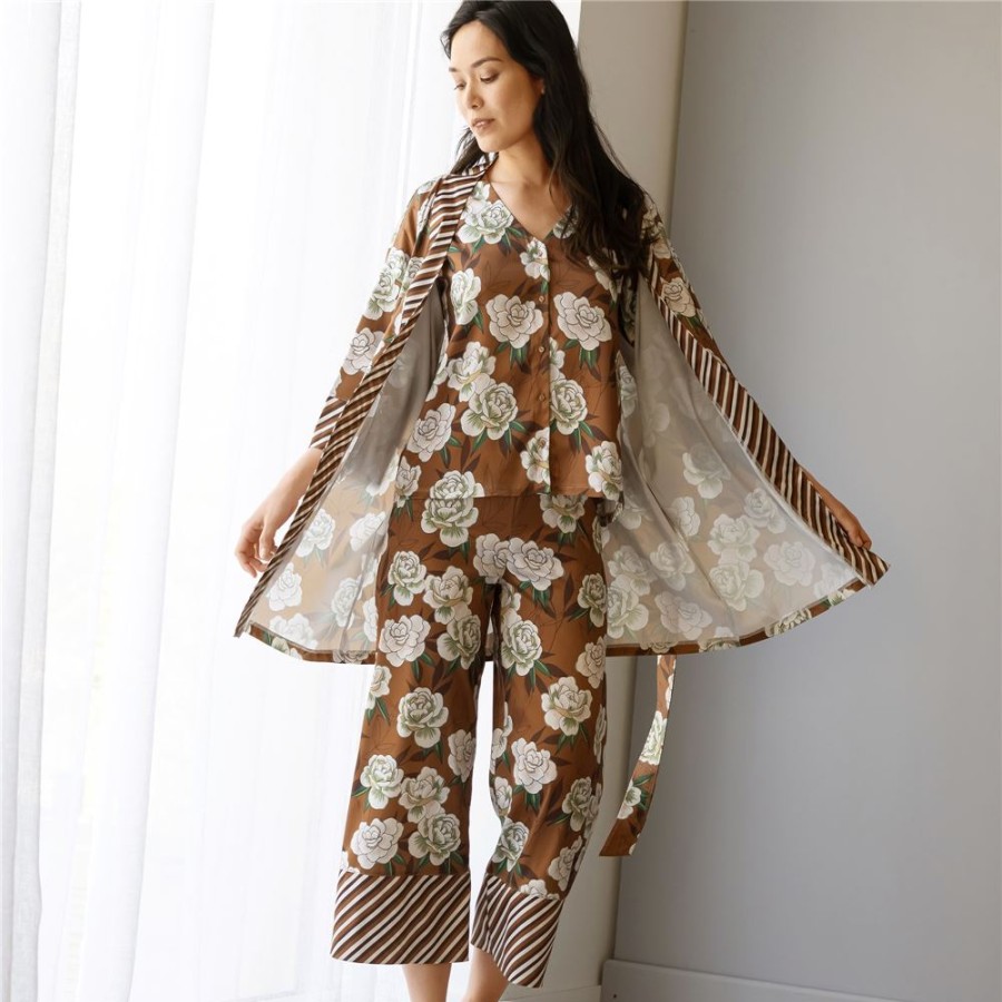 Becquet Kimono Femme Satin Motif Fleurs Japonaises | Pyjama Femme