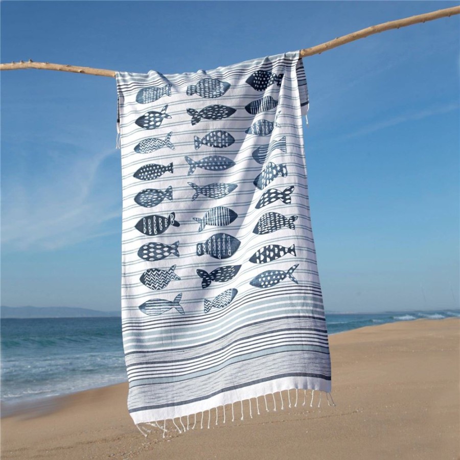 Becquet Fouta Motif Poissons Et Rayures - 180 G/M | Beaute, Bien-Etre