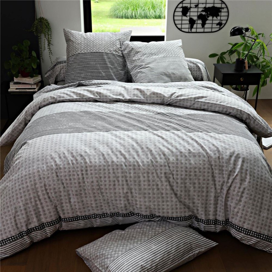 Becquet Linge De Lit Gris A Carreaux Et Rayures - Becquet Creation | Linge De Lit Ado, Housse De Couette